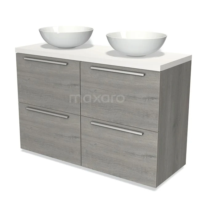 Holz Badezimmermöbel mit einer grauen Oberfläche, doppelten Aufsatzwaschbecken und metallischen Haltegriffen für einen modernen Look.