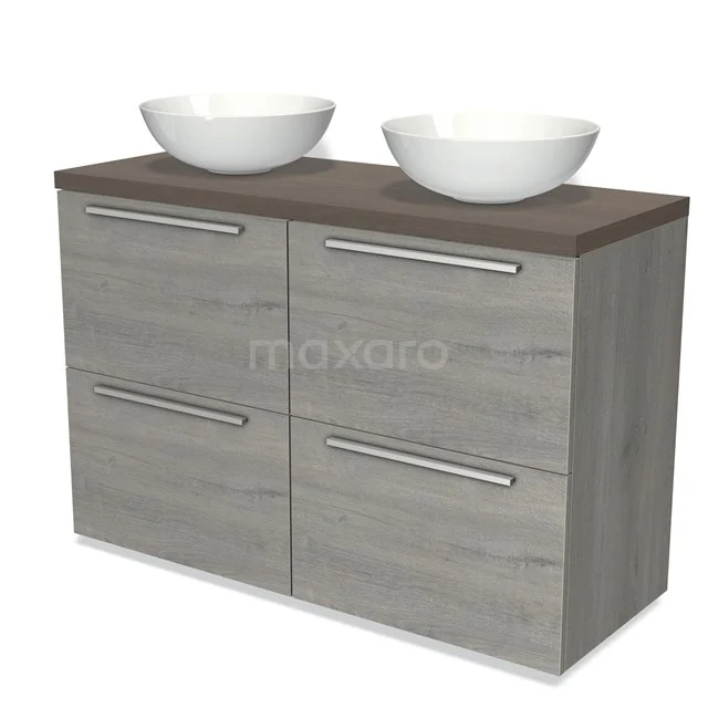 Grey wooden bathroom unit with double countertop wash basins, modern metal handles and a dark wood worktop.