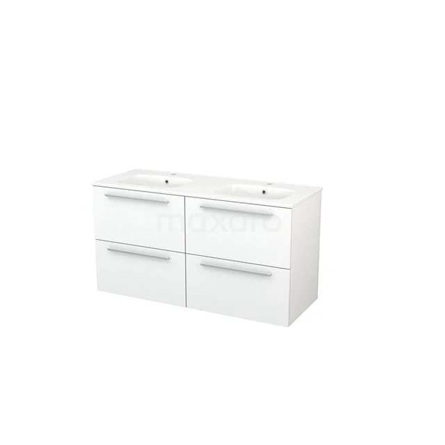 White double vanity unit with four drawers, sleek design, ideal for modern bathrooms.