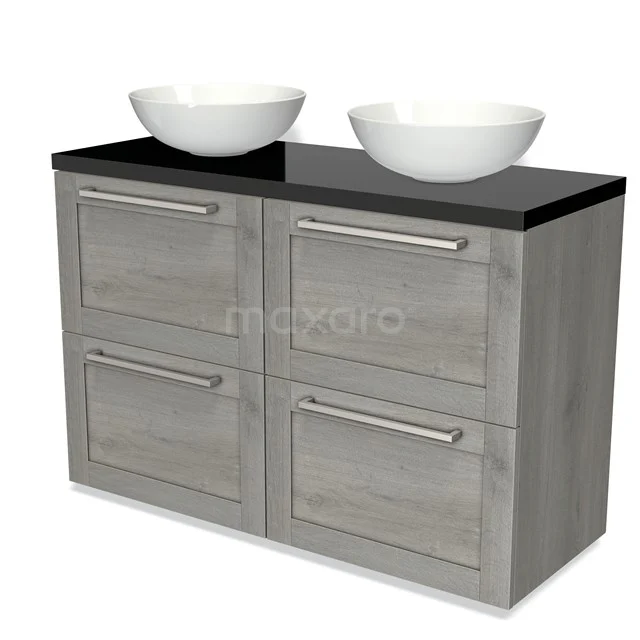 Modulo Plato Vanity units for countertop basin | 120 cm Grey oak Frame front High-gloss black worktop 4 high drawers BMK14-00412 Grey wooden vanity unit with black top and two white surface-mounted basins, ideal for a modern bathroom.
