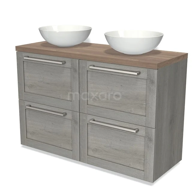 Wooden bathroom unit with double countertop wash basin, grey oak look, four drawers and chrome handles, modern and practical design.