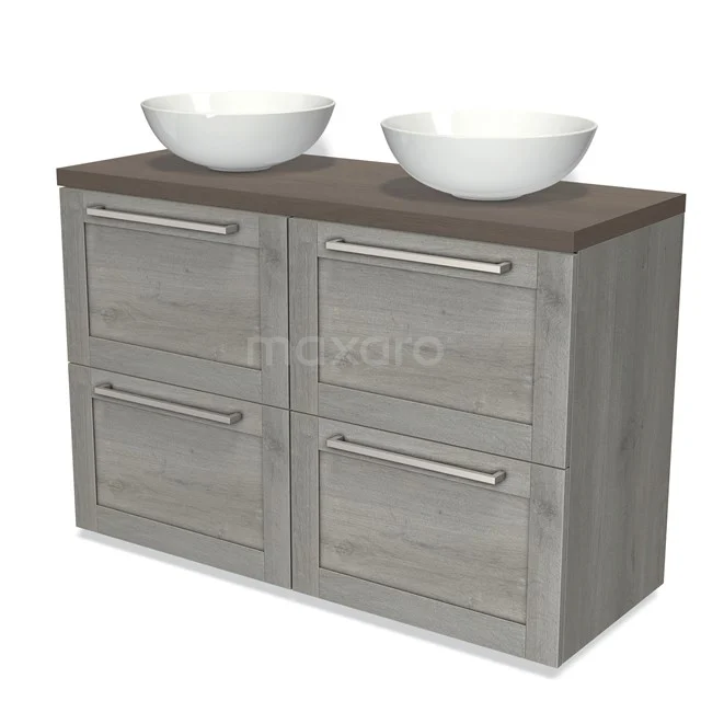 Grey wooden Bathroom unit, Series with drawers and double white round vanity units for countertop wash basin, ideal for a modern bathroom.