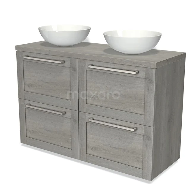 Grey wooden Bathroom unit with four drawers and double round white vanity units for countertop wash basins, stylish and practical for any bathroom.