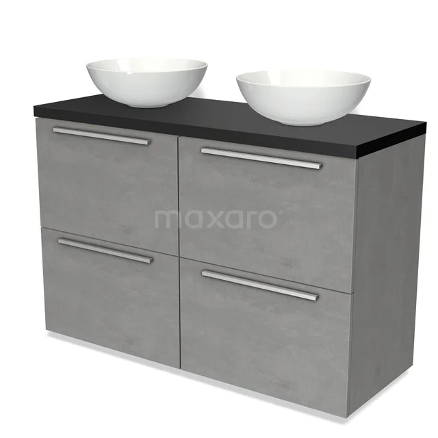 Grauer Badschrank mit schwarzem Oberteil und zwei weißen Waschbecken, modernes Design mit metallischen Haltegriffen.