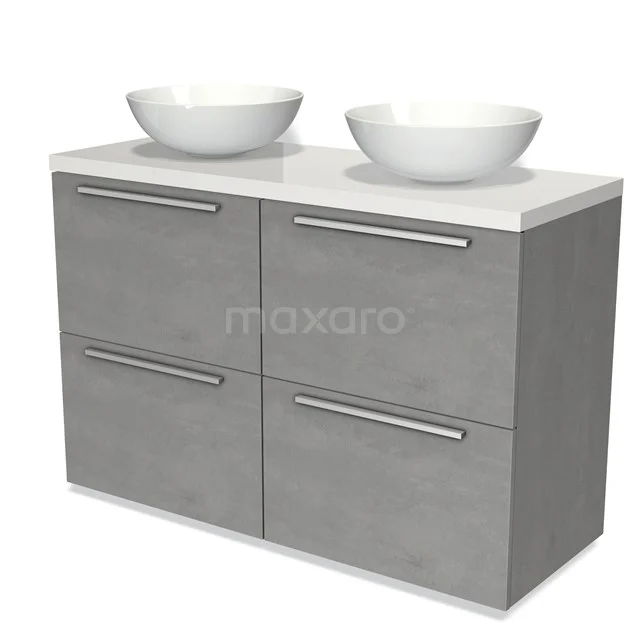 Modulo Plato Vanity units for countertop basin | 120 cm Light grey concrete Flat front High-gloss white worktop 4 high drawers BMK14-00423