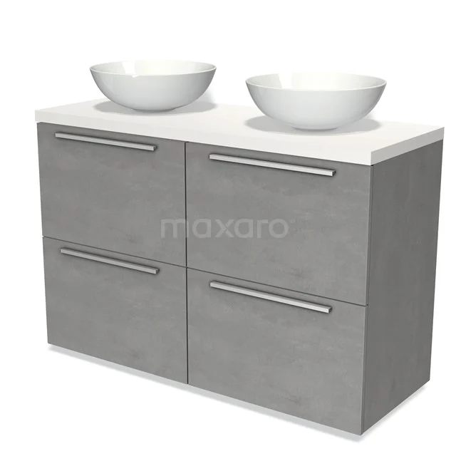 Graue Badmöbelset mit Doppelwaschbecken, weißen Keramikkellen, modernem Design und praktischen Schubladen.