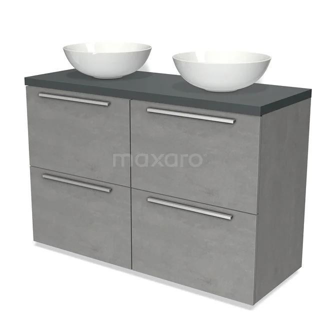 Modulo Plato Vanity units for countertop basin | 120 cm Light grey concrete Flat front Dark grey worktop 4 high drawers BMK14-00425