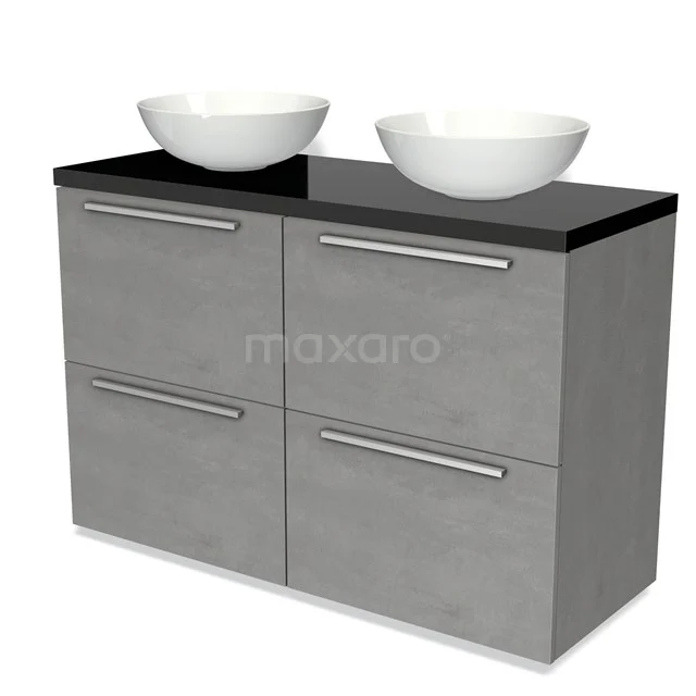 Modulo Plato Vanity units for countertop basin | 120 cm Light grey concrete Flat front High-gloss black worktop 4 high drawers BMK14-00426