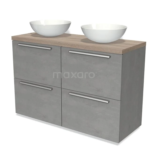 Graue Badmöbelset mit Holzlook Platte, doppelten runden Waschbecken und 4 Schubladen, modernes Design und sauber verarbeitet.