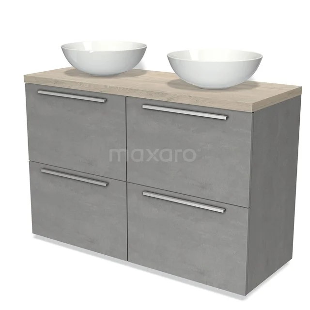 Badmöbel für Aufsatzwaschbecken 120cm Modulo Plato Hellgrauer Beton 4 hohe Schubladen Flache hellgraue Eiche Platte BMK14-00428 Grau Badmöbel mit Betonlook, Holzplatte und zwei weißen Aufsatzwaschbecken, modernes Design für stilvolle Bäder.