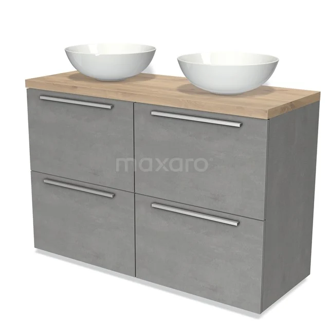 Graue Badmöbelset mit Betonlook, Holzplatte und doppelten weißen Aufsatzwaschbecken; modernes Design für ein stilvolles Badezimmer.