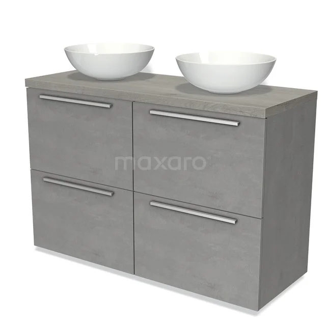 Modulo Plato Vanity units for countertop basin | 120 cm Light grey concrete Flat front Grey oak worktop 4 high drawers BMK14-00432