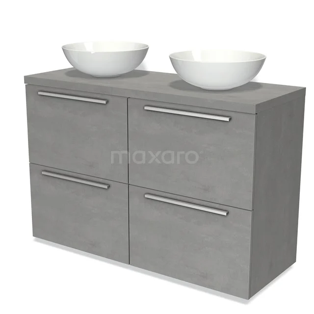 Grey bathroom unit with double drawers, four drawers and sleek design; ideal for modern bathrooms.