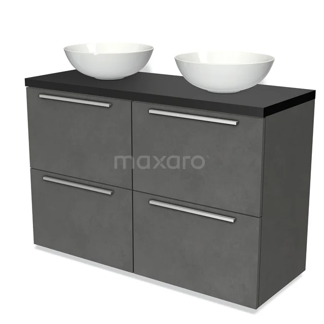 Graue Waschtischset mit doppelten Aufsatzwaschbecken, schlankem Design und Betonlook-Oberfläche, ideal für ein modernes Badezimmer.