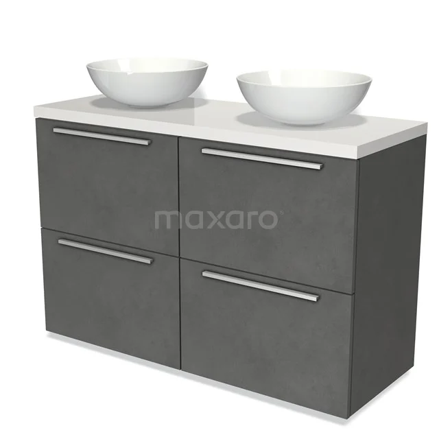 Grau Badmöbel mit Doppelwaschbecken, elegantes Design, 4 Schubladen und keramischen Schalen, ideal für einen modernen Badezimmerstil.