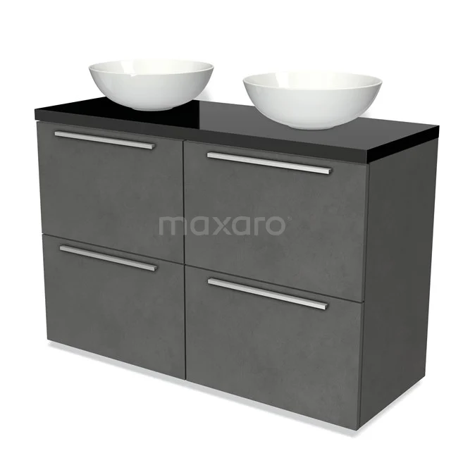 Modulo Plato Vanity units for countertop basin | 120 cm Dark grey concrete Flat front High-gloss black worktop 4 high drawers BMK14-00440