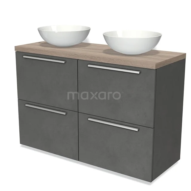 Modulo Plato Vanity units for countertop basin | 120 cm Dark grey concrete Flat front Oak worktop 4 high drawers BMK14-00441