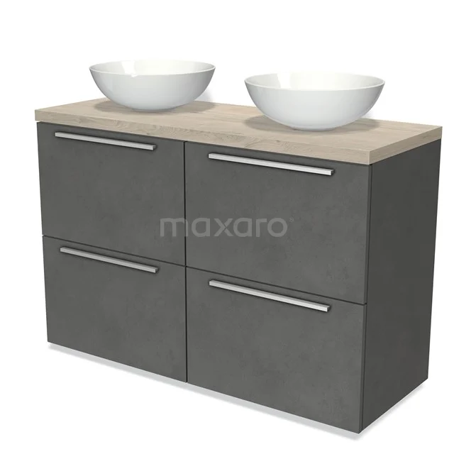 Modulo Plato Vanity units for countertop basin | 120 cm Dark grey concrete Flat front Light grey oak worktop 4 high drawers BMK14-00442