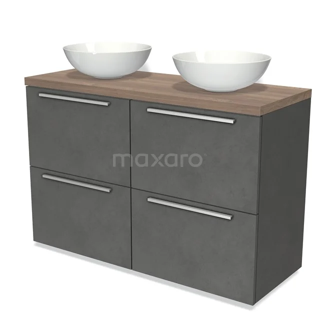 Grau Badmöbel mit Holzplatte, Doppelwaschbecken und runden Aufsatzwaschbecken, schlichtes Design, perfekt für moderne Bäder.