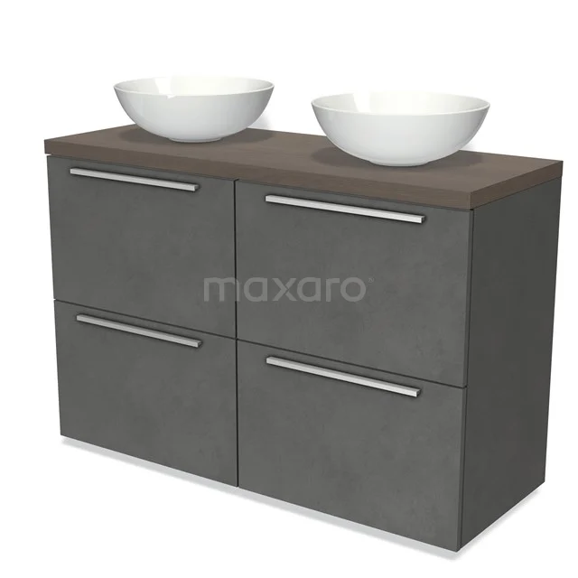 Modulo Plato Vanity units for countertop basin | 120 cm Dark grey concrete Flat front Dark brown oak worktop 4 high drawers BMK14-00445