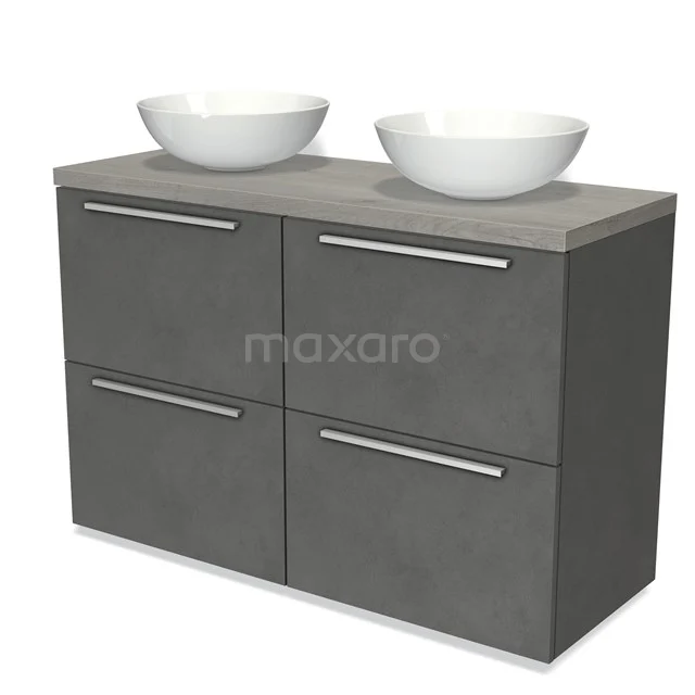 Modulo Plato Vanity units for countertop basin | 120 cm Dark grey concrete Flat front Grey oak worktop 4 high drawers BMK14-00446