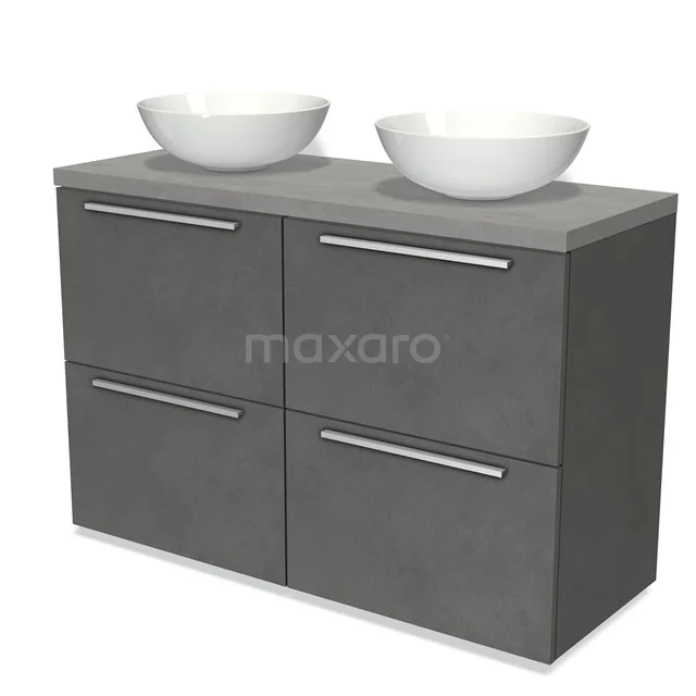 Graue Badmöbelset mit Doppelwaschbecken, modernes Betonlook-Design, ideal für Badezimmeraufbewahrung und stilvolle Einrichtung.
