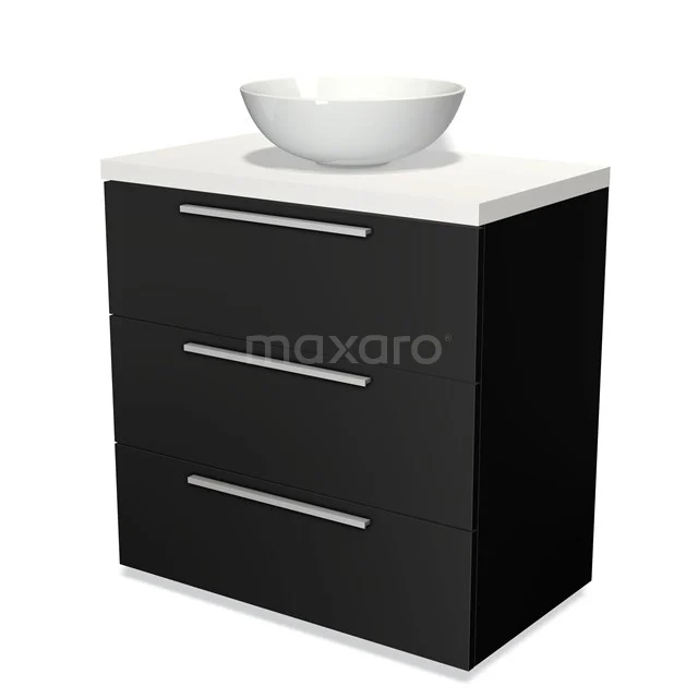 Badmöbel für Waschtischunterschrank mit Konsole 80cm Modulo Plato Matt Schwarz 3 Schubladen Flach Matt Weiß Platte BMK19-00004 Schwarz Badmöbel mit weißem Aufsatzwaschbecken, schlichtes Design, drei Schubladen und metallischen Griffen; perfekt für moderne Bäder.