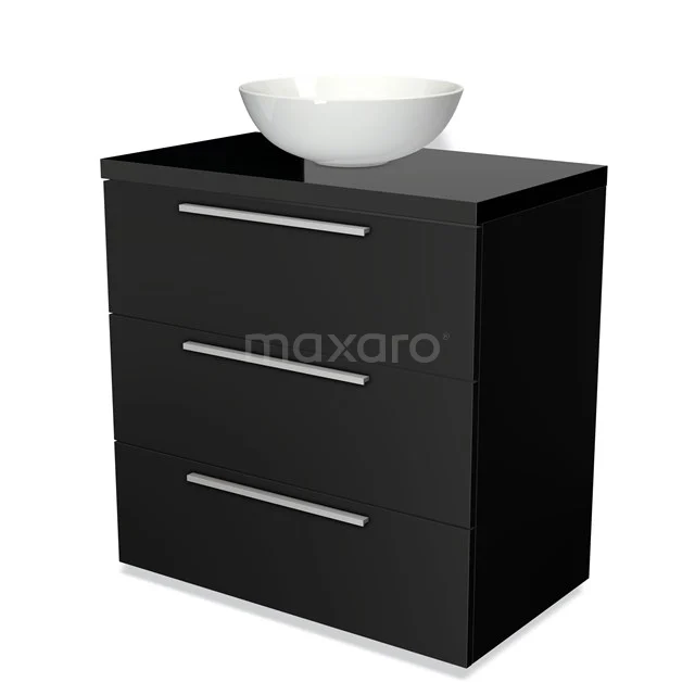 Modulo Plato Vanity units for countertop basin | 80 cm Matte black Flat front High-gloss black worktop 3 drawers BMK19-00006