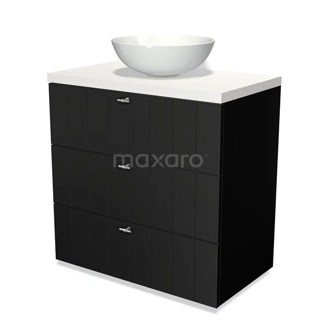 Black bathroom unit with ceramic vanity units with basin, three drawers and sleek finish for a modern bathroom style.