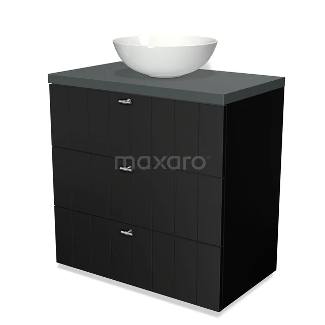 Black bathroom furniture set with three drawers, grey worktop and white round bowl, modern design made of high-quality wood.