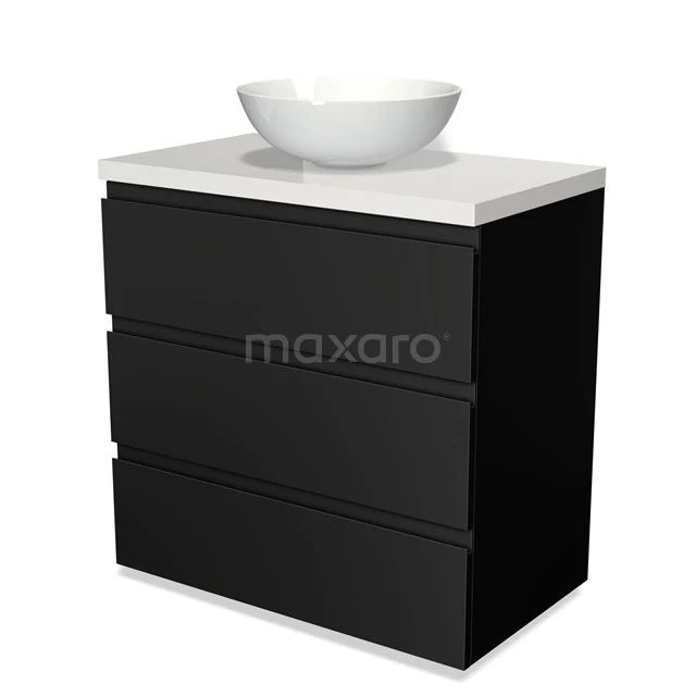 Modulo Plato Vanity units for countertop basin | 80 cm Matte black Handle-less front High-gloss white worktop 3 drawers BMK19-00031