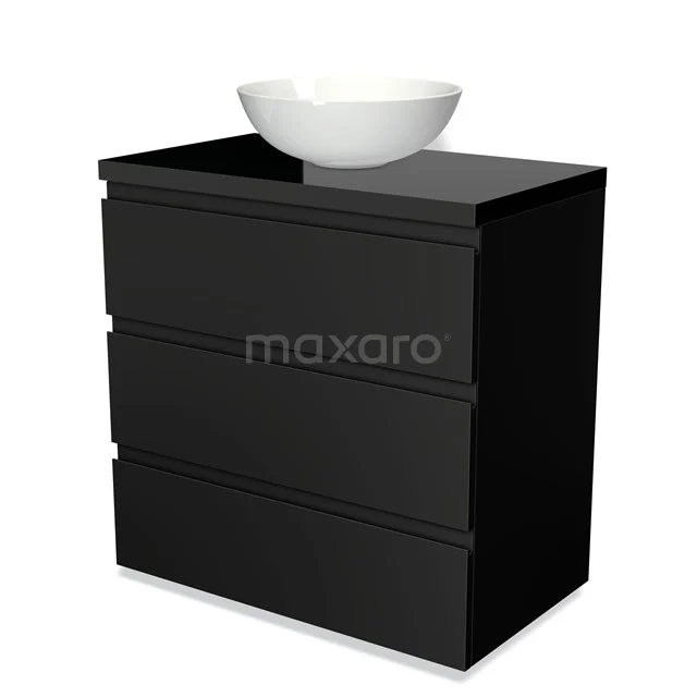 Modulo Plato Vanity units for countertop basin | 80 cm Matte black Handle-less front High-gloss black worktop 3 drawers BMK19-00034