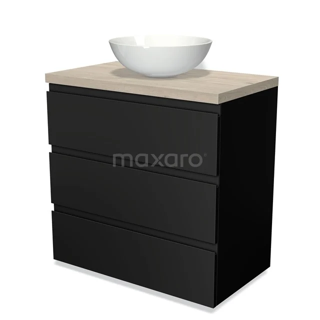 Modulo Plato Vanity units for countertop basin | 80 cm Matte black Handle-less front Light grey oak worktop 3 drawers BMK19-00036