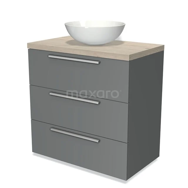 Grey Bathroom cabinet with three drawers, wood-look worktop and round white basin; stylish and modern design for the bathroom.