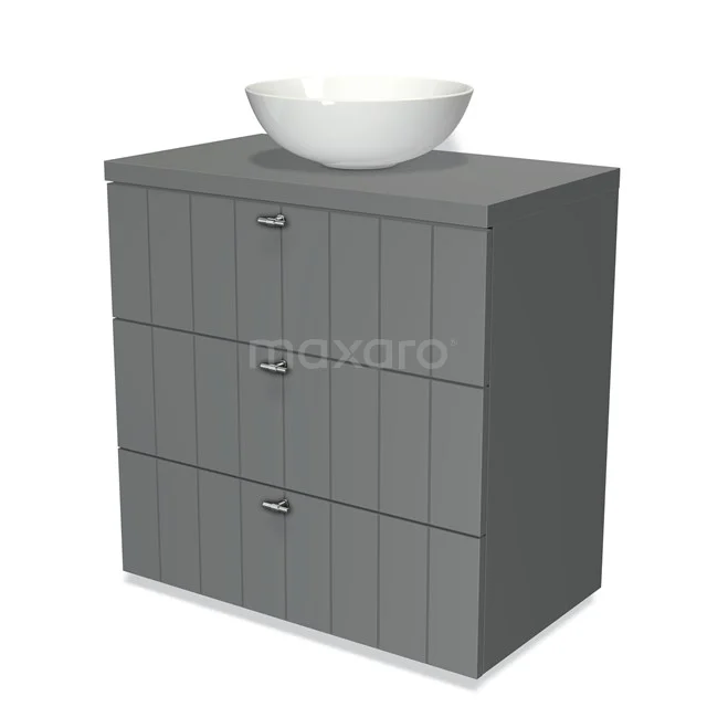 Badmöbel für Aufsatzwaschbecken 80cm Modulo Plato Mittelgrau 3 Schubladen Laminat BMK19-00058 Grauer Badschrank mit drei Schubladen und einem weißen ovalen Waschbecken, schlankes Design, perfekt für moderne Badezimmer.