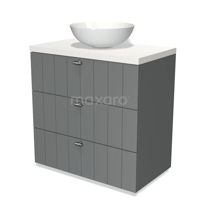 Grauer Badschrank mit weißer Waschbecken, modernes Design, drei Schubladen und gerippte Fronten für stilvollen Stauraum.