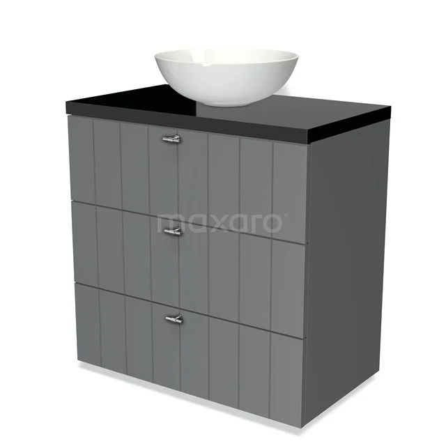 Modulo Plato Vanity units for countertop basin | 80 cm Mid grey Slat front High-gloss black worktop 3 drawers BMK19-00062