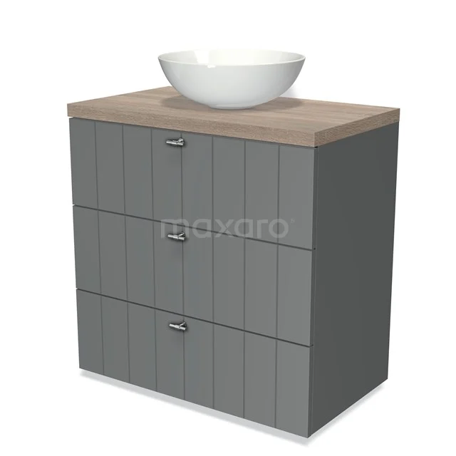 Badmöbel für Waschtischunterschrank mit Konsole 80cm Modulo Plato Mittelgrau 3 Schubladen Lamelle Eiche Platte BMK19-00063 Graue Badezimmermöbelset mit drei Schubladen, Holzplatte und weißem schalenförmigen Waschbecken, modernes Design.