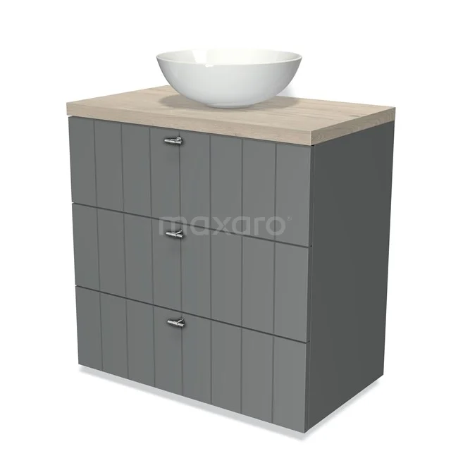 Grauer Badschrank mit Holzlook Waschtischplatte und weißer schalenförmiger Waschbecken, modernes Design mit drei Schubladen.
