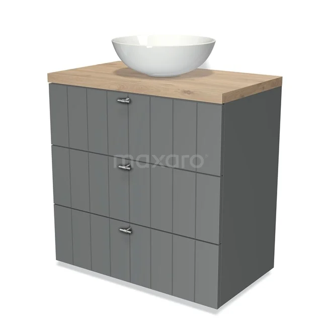 Grauer Badschrank mit Holzlook Platte und weißem Aufsatzwaschbecken, modernes Design mit drei Schubladen für stilvollen Stauraum.