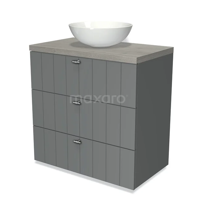 Modulo Plato Vanity units for countertop basin | 80 cm Mid grey Slat front Grey oak worktop 3 drawers BMK19-00068