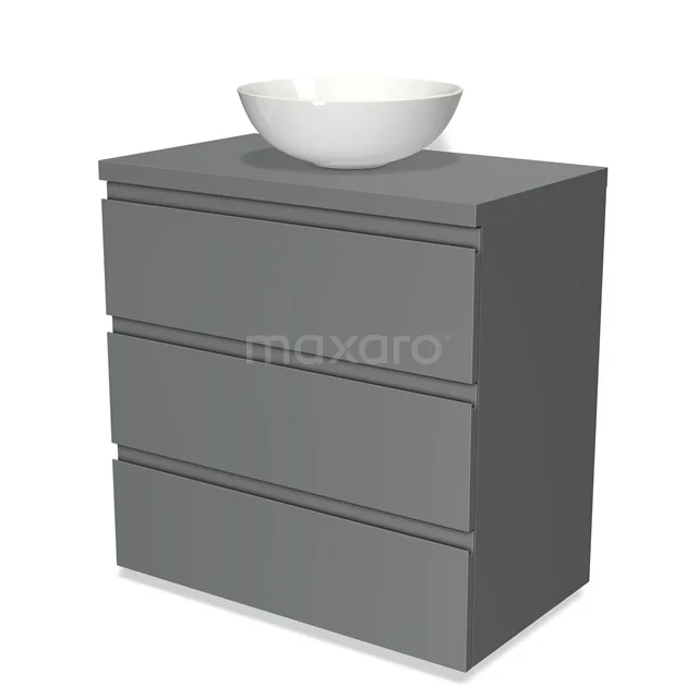Grey bathroom furniture set with three drawers and a white surface-mounted washbasin, sleek design made of high-quality MDF materials.