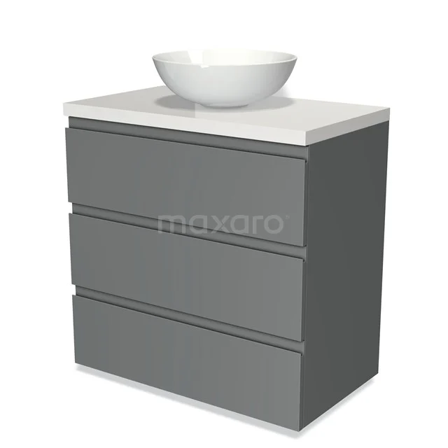 Graue Badmöbelset mit drei Schubladen, weißem keramischen Aufsatzwaschbecken und schnörkellosem Design, perfekt für ein modernes Badezimmer.