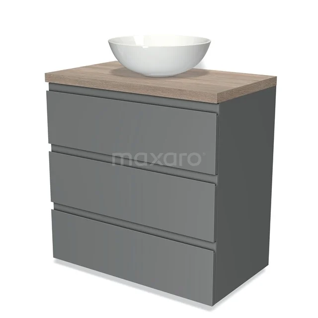 Graue Badmöbelset mit Holzoptik Platte und rundem weißen Aufsatzwaschbecken, ideal für moderne Badezimmergestaltung.