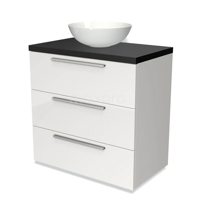 Badmöbel für Aufsatzwaschbecken 80cm Modulo Plato Hochglanz Weiß 3 Schubladen Flach Matt Schwarz Platte BMK19-00085 Weiße Badmöbel mit schwarzer Platte, drei Schubladen und rundem Waschbecken; stilvoll und funktional für jedes Badezimmer.