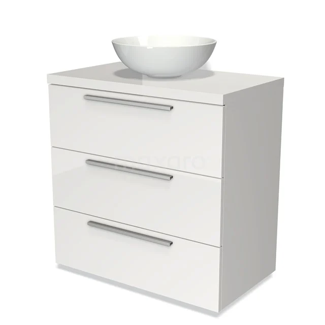 Weißes Badmöbel mit drei Schubladen, chromatischen Griffen und einem runden Waschbecken, modernes Design für stilvolle Bäder.