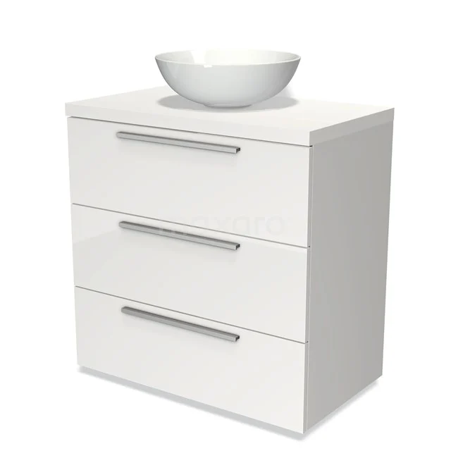 Weißer Badschrank mit drei Schubladen und einem runden weißen Waschbecken, modernes Design mit metallischen Haltegriffen.