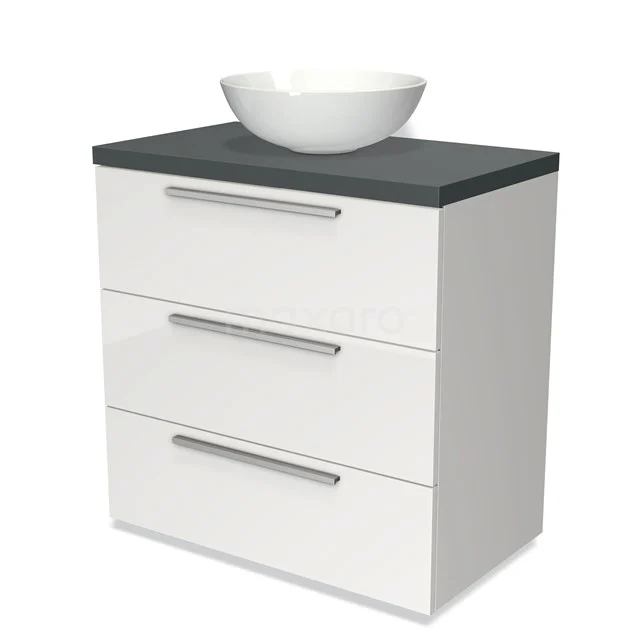 Weißes Badezimmermöbel mit drei Schubladen, anthrazitfarbenem Oberblatt und runder schalenförmiger Waschbecken; schlankes Design für ein modernes Badezimmer.