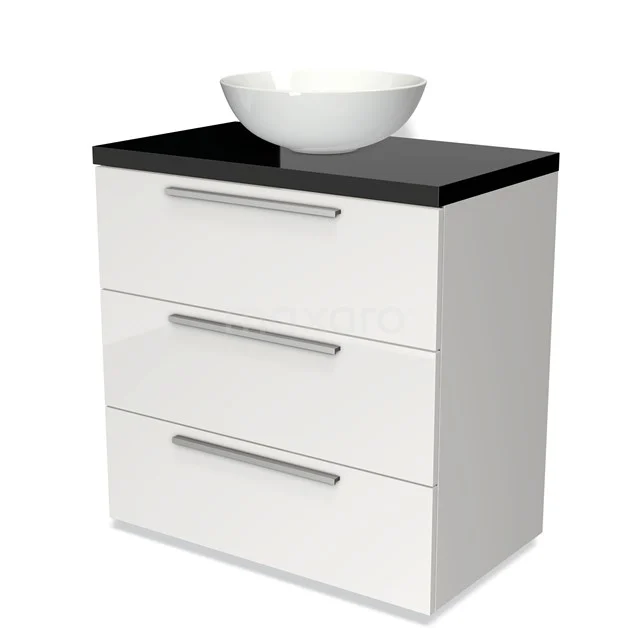 Modulo Plato Vanity units for countertop basin | 80 cm High-gloss white Flat front High-gloss black worktop 3 drawers BMK19-00090