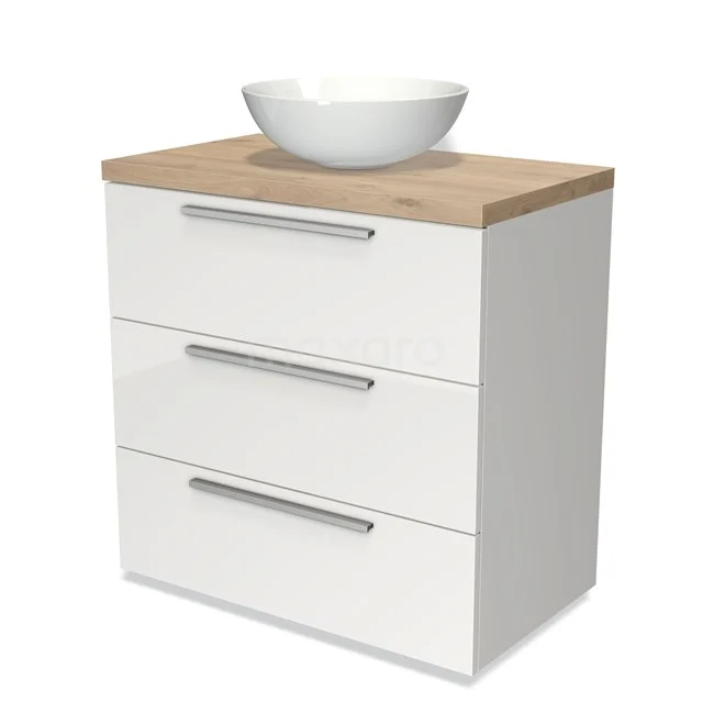 Modulo Plato Vanity units for countertop basin | 80 cm High-gloss white Flat front Light brown oak worktop 3 drawers BMK19-00093
